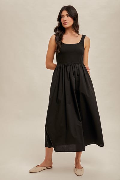 Hem & Thread Black Contrast Sleeveless Square Neck Midi Dress