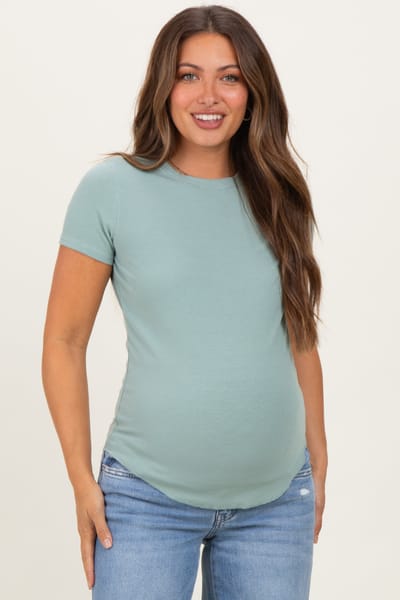 Wishlist Dusty Mint Ribbed Short Sleeve Curved Hem Maternity Top