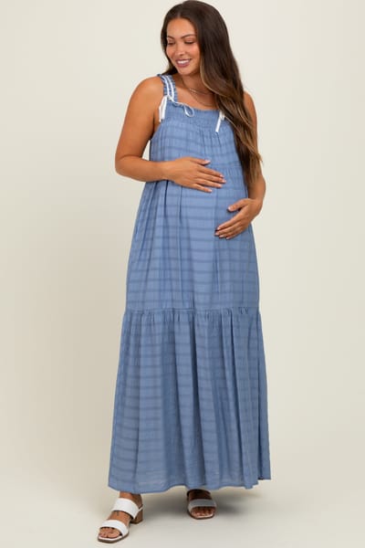 PinkBlush Blue Bow Tie Accent Tiered Maternity Maxi Dress