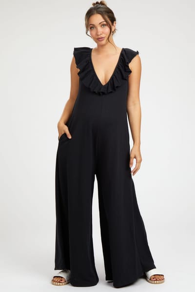 PinkBlush Black Ruffle Accent Wide Leg Maternity Jumpsuit