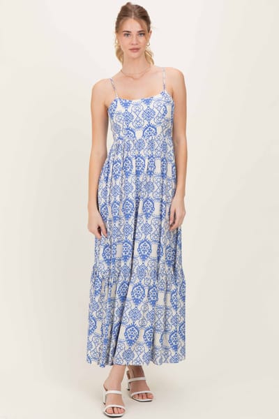 Aakaa Blue Printed Cutout Tie Back Maxi Dress