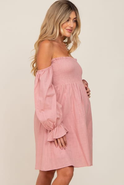 PinkBlush Pink Smocked Off Shoulder Long Sleeve Maternity Dress
