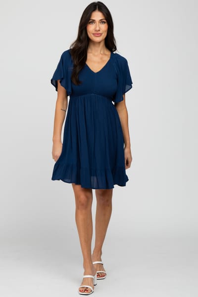 In Loom Navy Blue Smocked Front Ruffle Hem Dress
