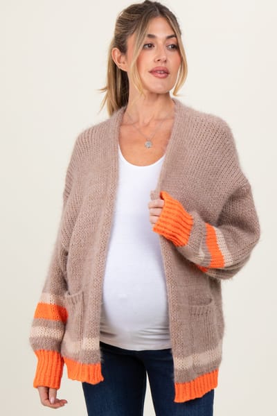 Easel Beige Chunky Knit Stripe Detail Maternity Sweater Cardigan