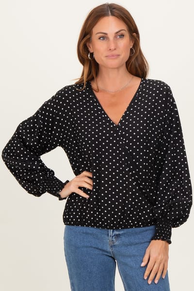 Rhea + Thea Black Polka Dot Long Sleeve Smocked Top
