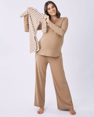 Angel Maternity 3-Piece Isabelle Maternity Sleepwear PJ set-Taupe