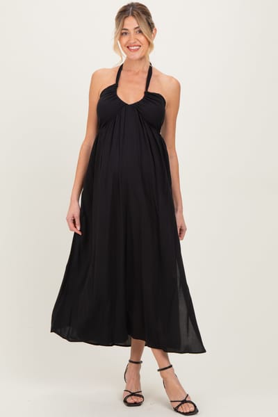 PinkBlush Black Halter Neck Side Slit Maternity Midi Dress