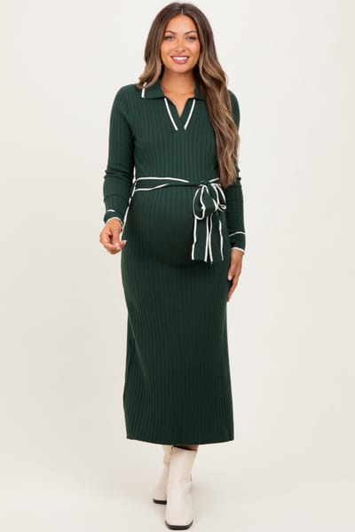 PinkBlush Hunter Green Soft Stretchy Rib Fitted Maternity Sweater Midi Dress