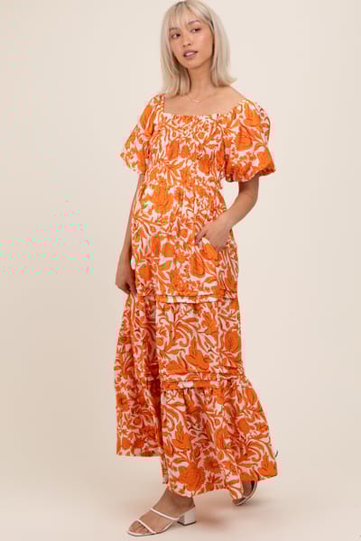 She + Sky Orange Floral Smocked Puff Sleeve Maternity Maxi Dress