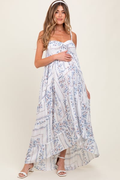PinkBlush Light Blue Hi-Lo Spaghetti Strap Patchwork Ruffle Maternity Maxi Dress