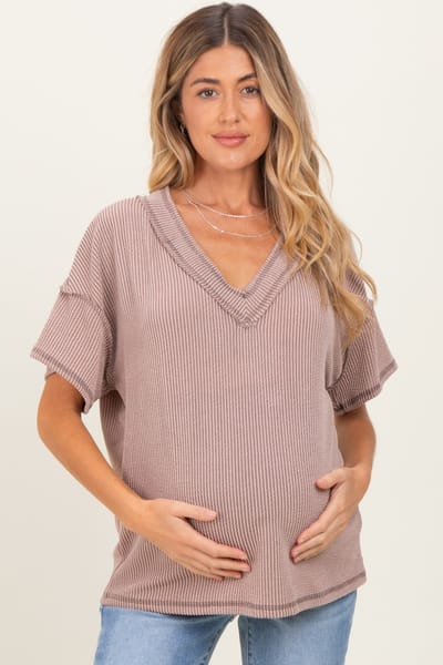 Rhea + Thea Taupe Ribbed Short Sleeve V-Neck Reverse Stitch Maternity Top