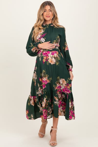 ODDI Forest Green Floral Long Sleeve Maternity Midi Dress