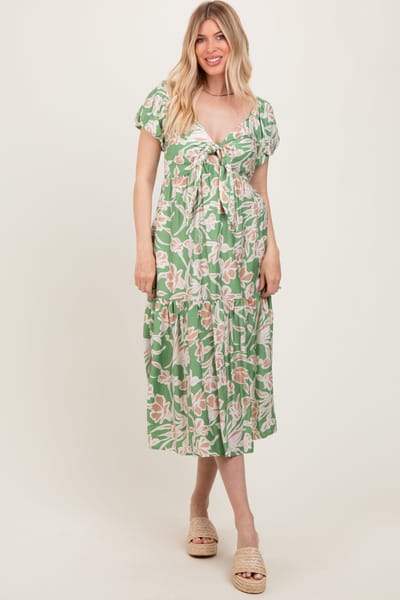 Dress Day Green Floral Front Tie Midi Dress