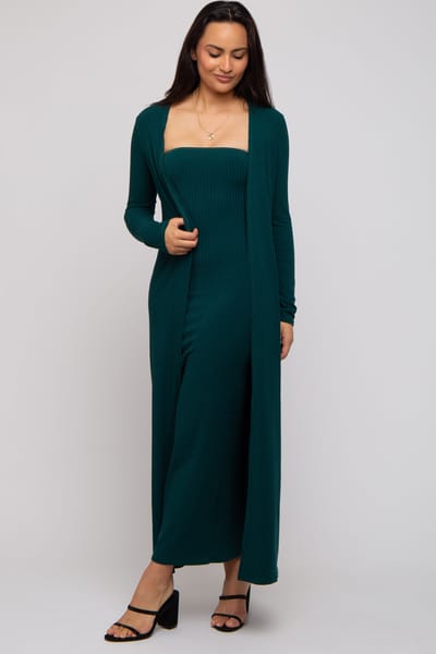 Rhea + Thea Forest Green Ribbed Sleeveless Dress Cardigan Set