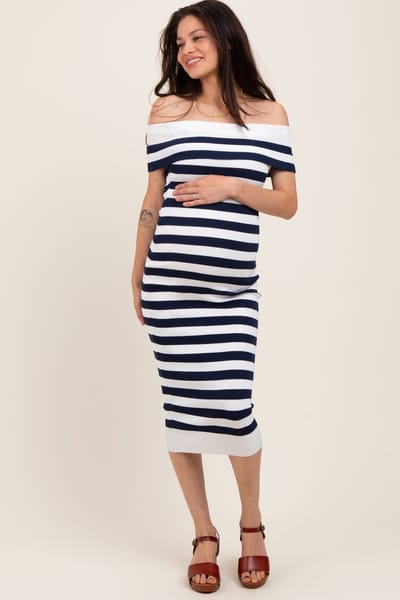 PinkBlush Navy Striped Off Shoulder Maternity Midi Sweater Dress