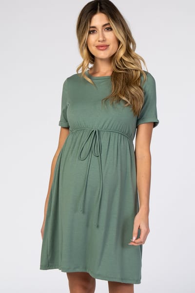 Vanilla Bay PinkBlush Sage Green Cuff Sleeve Waist Tie Maternity Dress