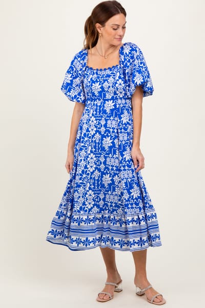 Umgee Blue Floral Scallop Trim Midi Dress
