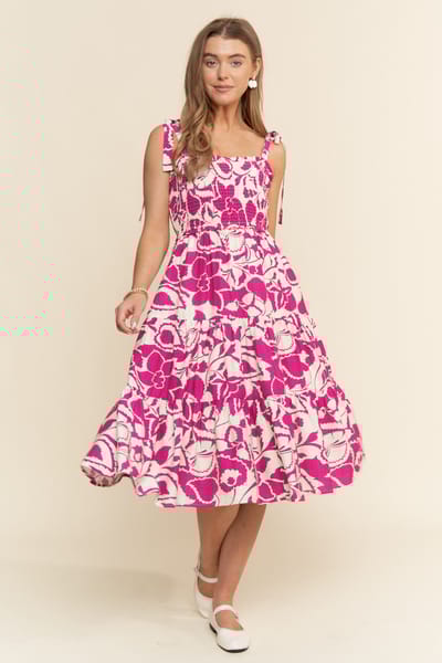 J.NNA Fuchsia Bloom Floral Print Tie Strap Smocked Tiered Dress
