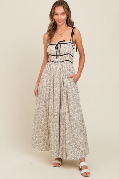 In Loom Cream Floral Contrast Ribbon Trim Maxi Dress