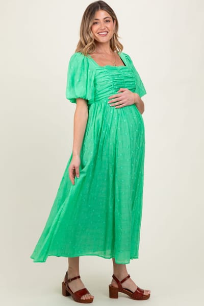 PinkBlush Green Embroidered Shirred Puff Sleeve Maternity Maxi Dress