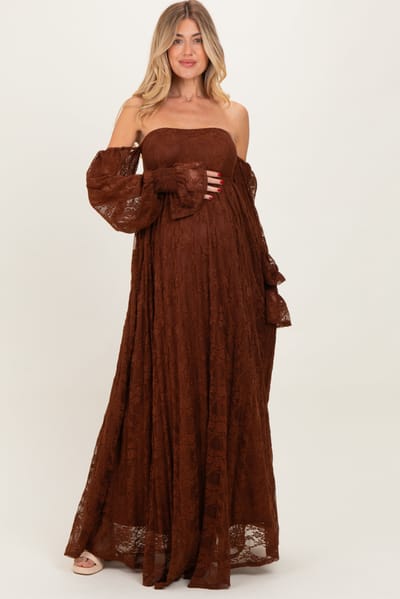 PinkBlush Brown Lace Smocked Long Sleeve Off Shoulder Maternity Maxi Dress