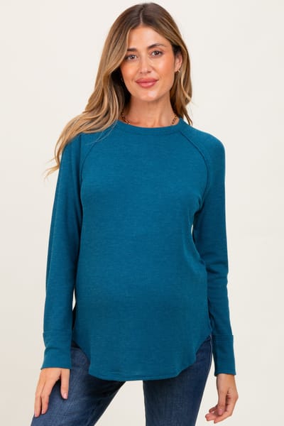 Zenana Outfitters Teal Baby Waffle Knit Long Sleeve Maternity Top
