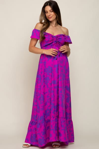 Rhea + Thea Magenta Floral Smocked Cinched Top Maternity Maxi Dress