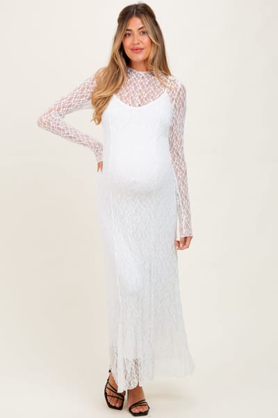 Mustard Seed White Lace Mock Neck Long Sleeve Maternity Maxi Dress