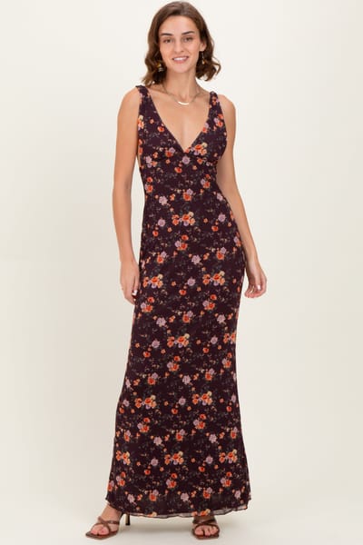 Blue Blush Brown Floral Deep V-Neck Sleeveless Maxi Dress