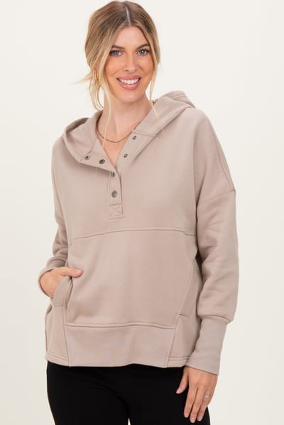 Zenana Outfitters Beige Fleece Snap Button Hoodie