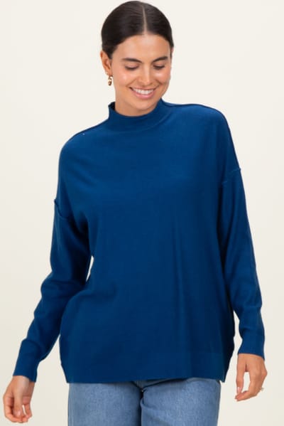 Zenana Outfitters Navy Mock Neck Exposed Seam Sweater