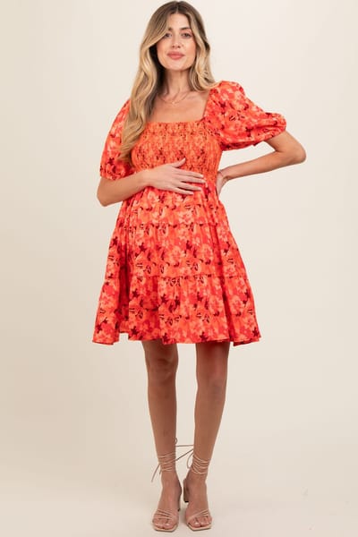 PinkBlush Orange Floral Smocked Tiered Maternity Dress