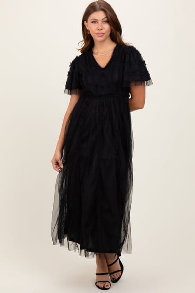 Polagram Black Ruffle Accent Mesh Overlay Maxi Dress