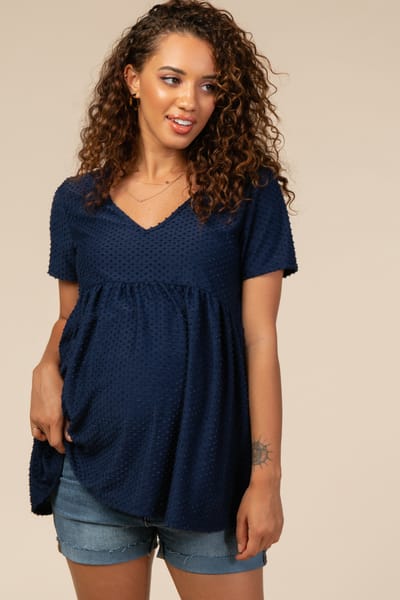 Hello Miz Navy Blue Swiss Dot Peplum Maternity Top