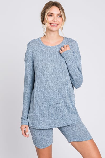 Charmo Blue Ribbed Long Sleeve Shorts Set