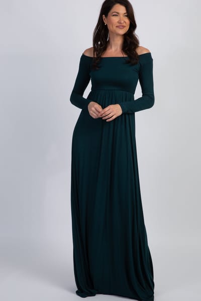 Rhea + Thea PinkBlush Forest Green Solid Off Shoulder Maxi Dress