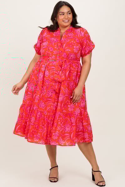 Sugarlips Red Floral Button Down Plus Midi Shirt Dress