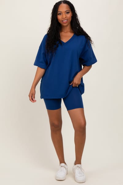 Zenana Outfitters Light Navy Oversized V-Neck Biker Short Set