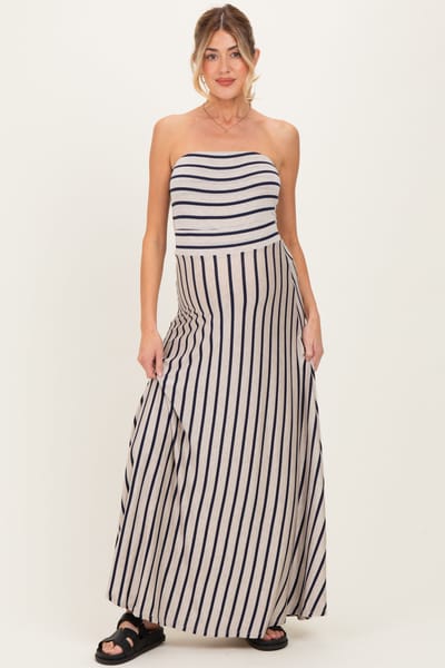 West K Oatmeal Striped Strapless Maternity Maxi Dress