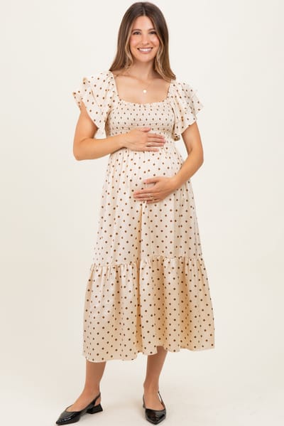 Elloh Cream Polka Dot Satin Smocked Flutter Sleeve Maternity Dress