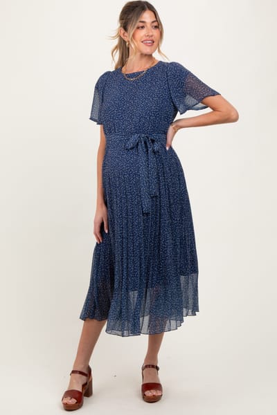 Polagram Navy Leaf Print Pleated Maternity Midi Dress