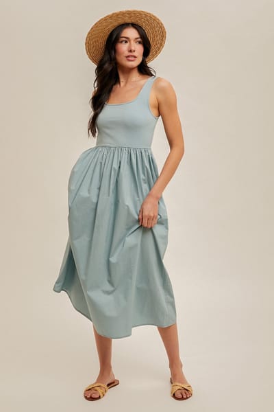 Hem & Thread Light Blue Contrast Sleeveless Square Neck Midi Dress