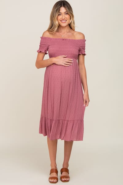 Hello Miz Mauve Off Shoulder Smocked Maternity Midi Dress