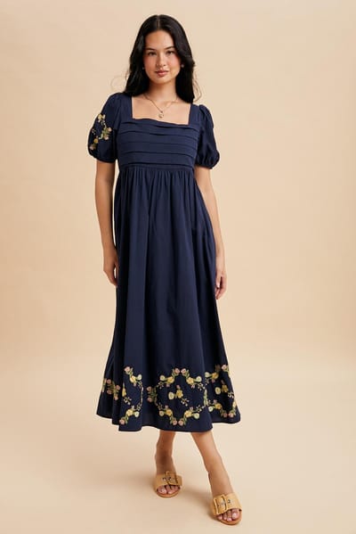 In Loom Navy Embroidered Floral Pleated Bodice Maxi Dress