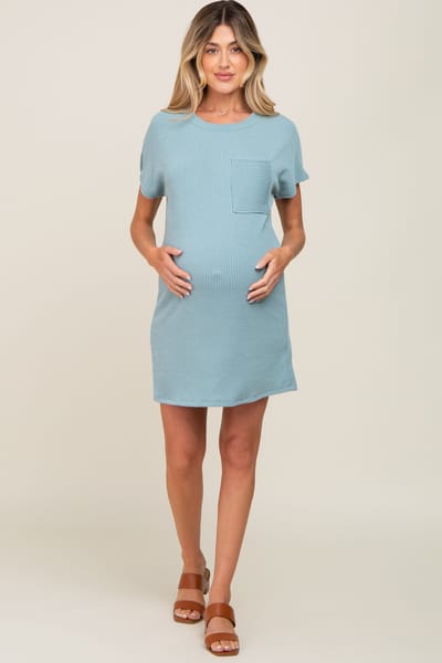 PinkBlush Mint Green Ribbed Front Pocket Dolman Short Sleeve Maternity Dress