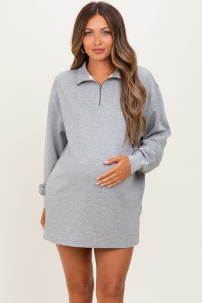 PinkBlush Heather Grey Half Zip Long Sleeve Maternity Mini Dress