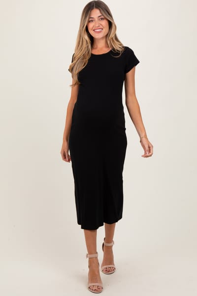 Aemi + Co Black Basic Crewneck Maternity Midi Dress