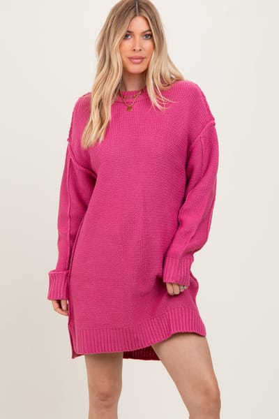 Very J Dark Pink Exposed Seam Oversized Sweater Dress