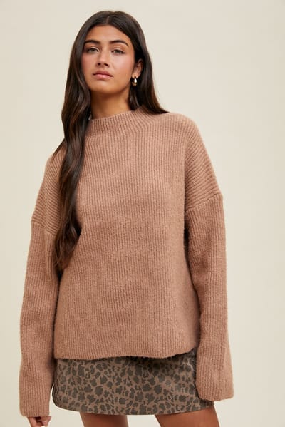 Wishlist Mocha High Neck Ribbed Knit Sweater