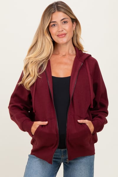Rae Mode Burgundy Front Zipper Hooded Maternity Sweater